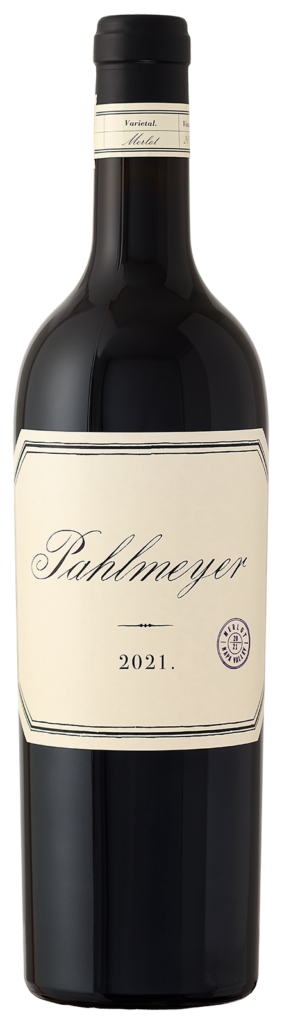 A bottle of red wine labeled "Pahlmeyer" with a vintage year of 2021. The bottle features a minimalist white label with black text and a small circular emblem on the right.