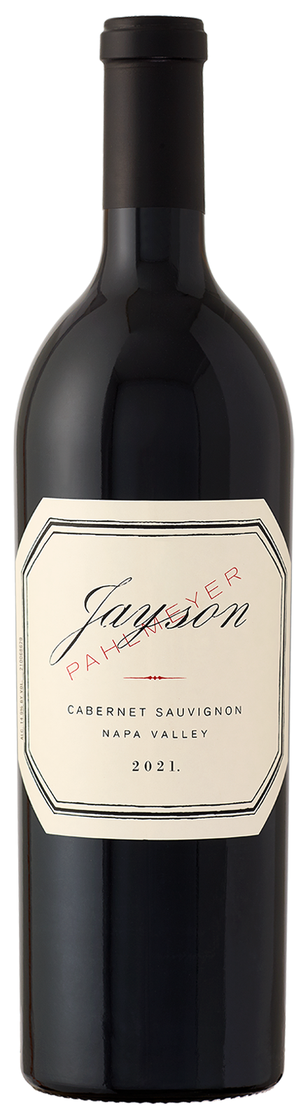 A bottle of 2021 Pahlmeyer Napa Valley Cabernet Sauvignon with a black bottle and a cream label featuring black and red text.