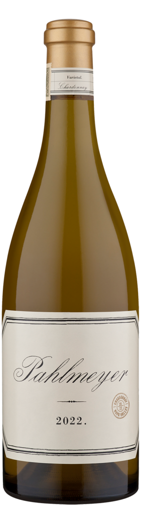 A bottle of Pahlmeyer Chardonnay 2022 with a gold foil top and a white label displaying the winery name and vintage year.