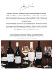 An image depicting a narrative about Jayson wine, highlighting the winemaking journey beginning in 1993, accompanied by four Jayson wine bottles and glasses shown on a table.