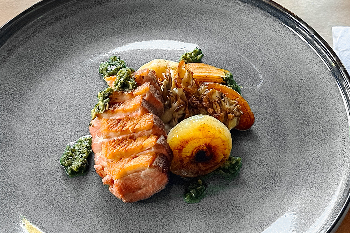 Pan roasted Duck Breast with Maitake Mushrooms & Braised Cipollini Onions