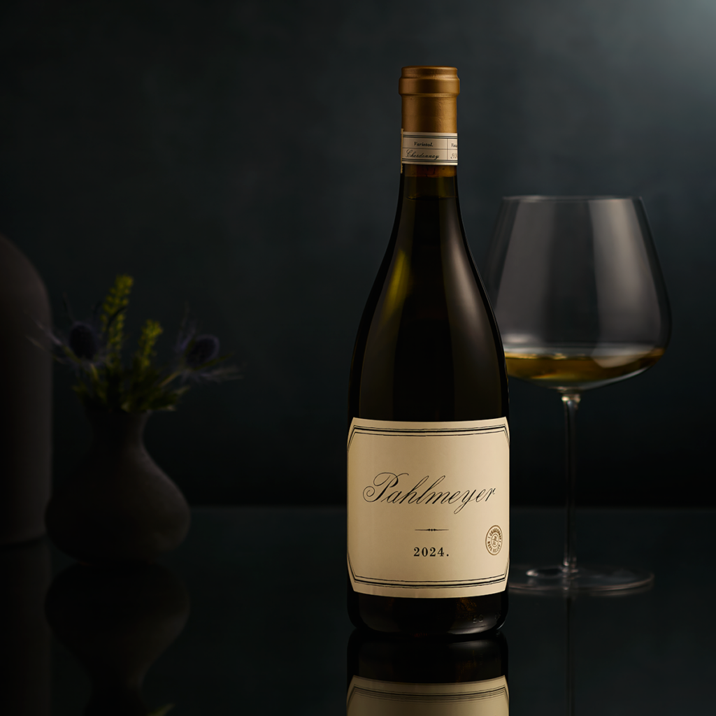 2024 Pahlmeyer Chardonnay with glass of white wine poured behind the bottle. Dark